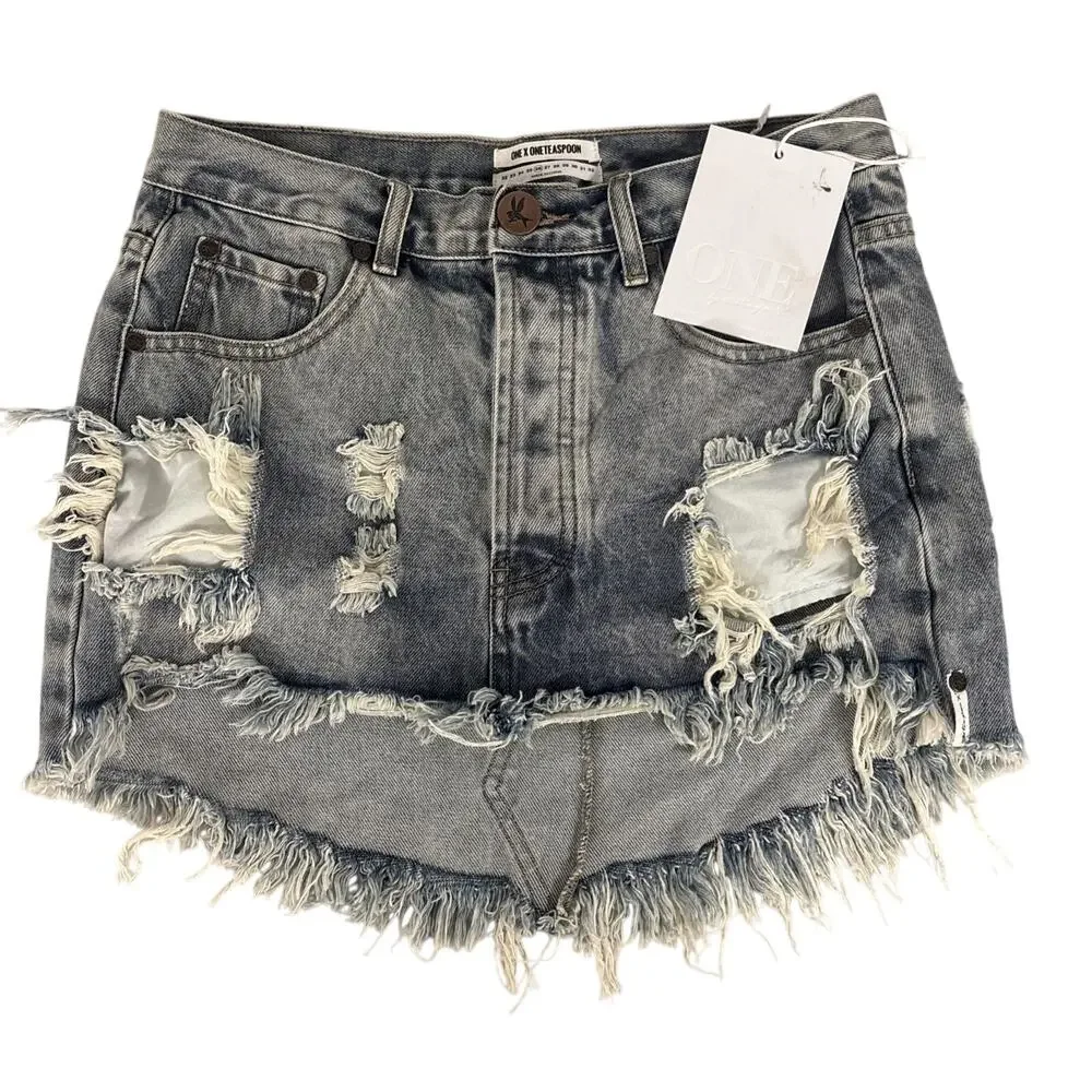 NEW NWT One Teaspoon Free People Sz 26/2 Mini Skirt Blue Distressed Junk Yard